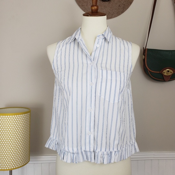 Madewell Pagoda Crop Ruffle Trim Pinstripe Shirt - Picture 2 of 6